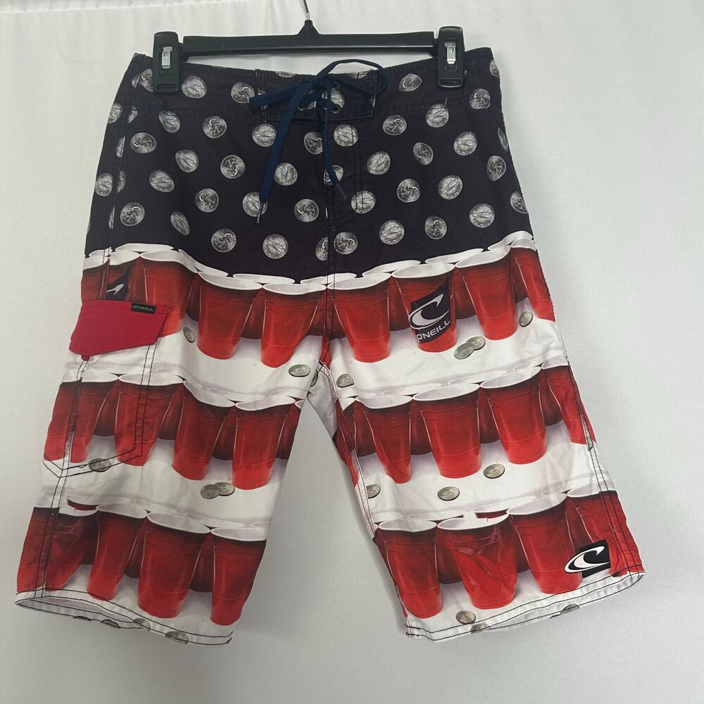 O’Neill Beer Pong Board Shorts Mens 28 Red Solo Cup Novelty Swim Trunks Y2K